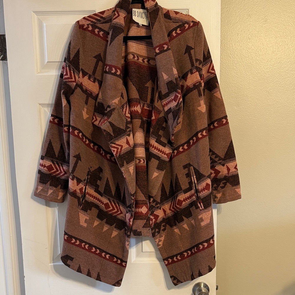 BB Dakota Brown Aztec-Pattern Shawl Collar Coatigan